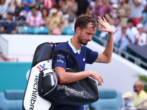 Daniil Medvedev of Russia waves to the crowd as he leaves the court after losing to Hubert Hurkacz of Poland in their Men's quarterfinal match during the Miami Open at Hard Rock Stadium on March 31, 2022 in Miami Gardens, Florida.