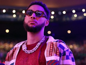 Ben Simmons #10 of the Brooklyn Nets stands for the singing of the national anthem before Game Two of the Eastern Conference First Round NBA Playoffs at TD Garden on April 20, 2022 in Boston, Massachusetts.