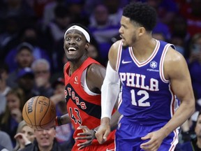 Pascal Siakam of the Toronto Raptors controls the ball in the third quarter against the Philadelphia 76ers during Game Five of the Eastern Conference First Round at Wells Fargo Center on April 25, 2022 in Philadelphia, Pennsylvania.