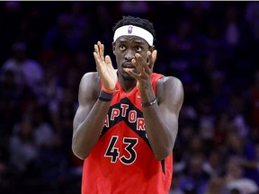 Pascal Siakam of the Toronto Raptors reacts in the fourth quarter against the Philadelphia 76ers during Game Five of the Eastern Conference First Round at Wells Fargo Center on April 25, 2022 in Philadelphia, Pennsylvania.