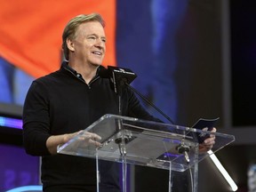 NFL Commission Roger Goodell speaks during round four of the 2022 NFL Draft  on April 30, 2022 in Las Vegas, Nevada.