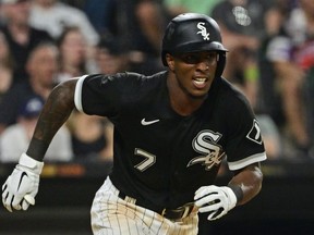 Tim Anderson of the Chicago White Sox hits a RBI double in seventh inning against the Cleveland Guardians at Guaranteed Rate Field on May 10, 2022 in Chicago, Illinois.