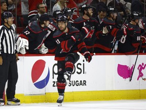 Max Domi of the Carolina Hurricanes celebrates a second-period goal in Game 7 against Boston.