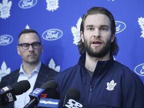 Jack Campbell speaks during the Leafs' end-of-season news conference.