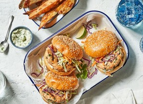 Slaw-Topped BBQ Fish Burgers with Jalapeno-Lime Aioli – supplied