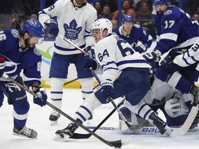 ;Tampa Bay Lightning right wing Nikita Kucherov (86) scores a goal on Toronto Maple Leafs goaltender Erik Kallgren (50) during the second period at Amalie Arena.