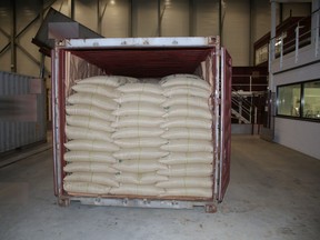 One of the five containers of a shipment of coffee beans delivered to a Nespresso plant in which more than 500 kilos of cocaine was found, in Romont, in the western Swiss canton of Fribourg.