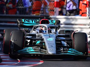 Mercedes' British driver George Russell drives during the second practice session at the Monaco street circuit in Monaco, ahead of the Monaco Formula 1 Grand Prix, on May 27, 2022.
