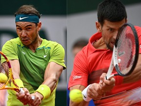 This combination of file photographs created on May 30, 2022, shows (L) Spain's Rafael Nadal as he returns the ball to Netherland's Botic Van De Zandschulp during their men's singles match on day six of the Roland-Garros Open tennis tournament at the Court Suzanne-Lenglen in Paris on May 27, 2022 and (R) Serbia's Novak Djokovic as he plays a backhand return to Argentina's Diego Schwartzman during their men's singles match on day eight of the Roland-Garros Open tennis tournament at the Court Suzanne Lenglen in Paris on May 29, 2022.