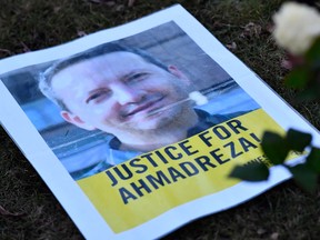 In this file photo taken on February 13, 2017 a flyer is pictured during a protest outside the Iranian embassy in Brussels for Ahmadreza Djalali.