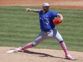 Alek Manoah of the Toronto Blue Jays pitches against the Cleveland Guardians during the first inning at Progressive Field on May 8, 2022 in Cleveland, Ohio.