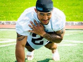 Rookie running back Dan Adeboboye works out during the first days of Argonauts training camp at the University of Guelph.