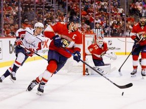 Florida Panthers centre Aleksander Barkov moves the puck during the third period against the Washington Capitals in game two of the first round of the 2022 Stanley Cup Playoffs at FLA Live Arena in Sunrise, Fla., May 5, 2022.