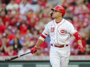 Cincinnati Reds first baseman Joey Votto (19) reacts after a call in the third inning against the St. Louis Cardinals at Great American Ball Park April 22, 2022.