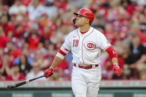 Cincinnati Reds first baseman Joey Votto (19) reacts after a call in the third inning against the St. Louis Cardinals at Great American Ball Park April 22, 2022.