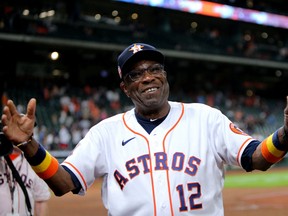 Houston Astros manager Dusty Baker Jr. (12) acknowledges the fans following Houston's 4-0 over the Seattle Mariners at Minute Maid Park May 3, 2022. The win is the 2000th in Baker's managerial career.