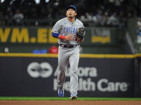 Chicago Cubs right fielder Seiya Suzuki (27) runs in at the end of the fourth inning against the Milwaukee Brewers at American Family Field May 1, 2022 in Milwaukee.