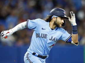 Bo Bichette of the Blue Jays runs the bases after hitting a home run against the Houston Astros at Rogers Centre on May 1, 2022 in Toronto.
