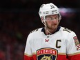 Aleksander Barkov #16 of the Florida Panthers looks on against the Washington Capitals during the first period in Game Four of the First Round of the 2022 Stanley Cup Playoffs at Capital One Arena