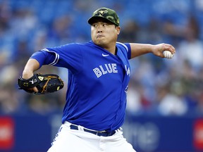 Hyun Jin Ryu of the Toronto Blue Jays delivers a pitch against the Cincinnati Reds at Rogers Centre on May 20, 2022 in Toronto.