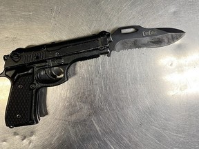 In this handout photo released by the Los Angeles Police Department a replica handgun with a knife blade recovered from the suspect that attacked comedian Dave Chappelle while performing is pictured in Los Angeles on May 4, 2022.