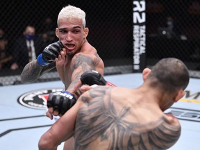 In this handout image provided by UFC, Charles Oliveira punches Tony Ferguson in their lightweight bout during UFC 256 at UFC APEX on December 12, 2020 in Las Vegas.