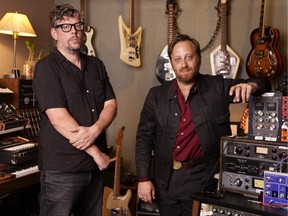 Patrick Carney, left, and Dan Auerbach of The Black Keys pose in Nashville, Tenn., on April 20, 2022, to promote  their 11th studio record Dropout Boogie.