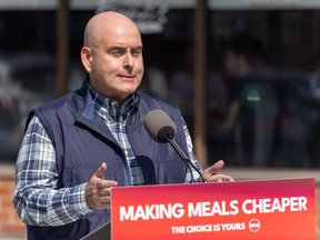 Ontario Liberal Leader Steven Del Duca announces his plan to remove HST from prepared foods under $20 in Vaughan, Ont., Saturday, April 30, 2022.
