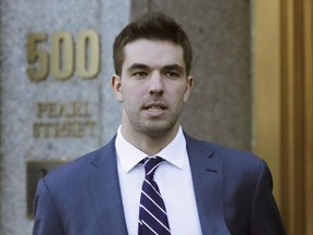 In this March 6, 2018 file photo, Billy McFarland, the promoter of the failed Fyre Festival in the Bahamas, leaves federal court after pleading guilty to wire fraud charges in New York.  McFarland pleaded guilty, Thursday, July 26 to new fraud charges that could result in a prison sentence of over a decade. The plea from McFarland brought a speedy end to his prosecution for a set of new crimes that ensure he‚Äôll spend more time in prison than if he had only been convicted of crimes related to the botched 2017 Fyre Festival on the Bahamian island of Exuma. (AP Photo/Mark Lennihan, File)