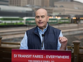Steven Del Duca, leader of Ontario's Liberal Party, announces that their party will reduce transit fares to $1 per ride, across the province for the next two years if elected, at the Metro Toronto Convention Centre in Toronto, on Monday, May 2, 2022.