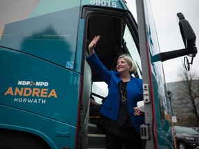 Ontario NDP Leader Andrea Horwath waves to the media before visiting communities across the GTA, as part of the 2022 Ontario election campaign trail, at Queen's Park in Toronto, on Wednesday, May 4, 2022.