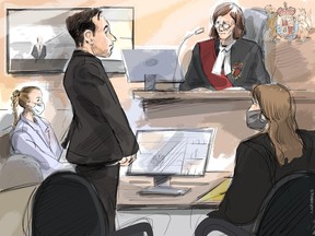 Canadian musician Jacob Hoggard appears before Justice Gillian Roberts as his wife Rebekah Asselstine (left) and lawyer Megan Savard (right) look on in Toronto on Wednesday, May 4, 2022 in this artist’s sketch. Alexandra Newbould/THE CANADIAN PRESS