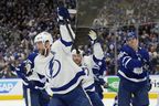 Tampa Bay Lightning's Victor Hedman celebrates his goal against the Maple Leafs with teammate Steven Stamkos   during the first period of Game 2 in Toronto on Wednesday, May 4, 2022. 