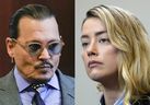 The combination of these two separate photographs shows actors Johnny Depp and Amber Heard in court at the Fairfax County Circuit Court in Fairfax, Virginia, on May 4, 2022. 