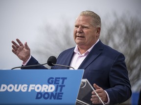 Ontario Premier Doug Ford makes an announcement about building transit and highways, during an election campaign event in Bowmanville, Ont., Friday, May 6, 2022.