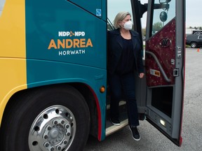 Ontario NDP Leader Andrea Horwath arrives for a visit to Nickel Brook Brewing Company as part of her 2022 Ontario Election campaign in Burlington on Friday, May 6, 2022.