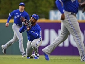 Toronto Blue Jays right fielder Teoscar Hernandez catches a ball hit by Cleveland Guardians' Ernie Clement during the fourth inning in the second baseball game of a doubleheader, Saturday, May 7, 2022, in Cleveland. Hernandez went 0-for-3 in his return to the lineup.