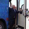 Ontario PC party leader Doug Ford waves from his bus as he arrives at the Northern Ontario Federation of Municipalities debate taking place at the Capitol Center in North Bay, Ontario.  on Tuesday, May 10, 2022. 