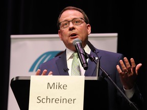 Ontario Green party Leader Mike Schreiner makes a point at the Federation of Northern Ontario Municipalities debate at the Capitol Centre in North Bay, Ont. on Tuesday, May 10,2022.
