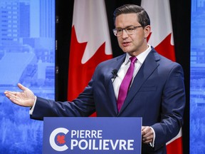 Candidate Pierre Poilievre makes a point at the Conservative Party of Canada English leadership debate in Edmonton Wednesday, May 11, 2022.