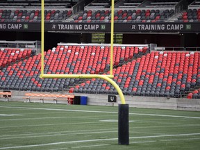 The field is empty but the stadium screens still show signs for the Ottawa Redblacks' training camp at TD Place, home of the Ottawa Redblacks, in Ottawa on Tuesday, May 17, 2022.