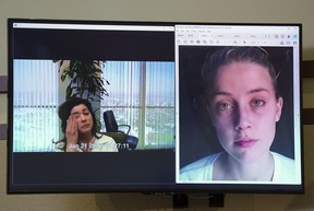 Raquel Pennington testifies in a previously recorded video deposition, as a picture of actor Amber Heard is seen on screen in the courtroom at the Fairfax County Circuit Courthouse in Fairfax, Va., Wednesday, May 18, 2022.