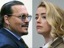 Diese Kombination aus zwei separaten Fotos zeigt den Schauspieler Johnny Depp (links) und Amber Heard im Gerichtssaal des Gerichtsgebäudes des Fairfax County Circuit in Fairfax, Virginia, am Montag, den 23. Mai 2022.  