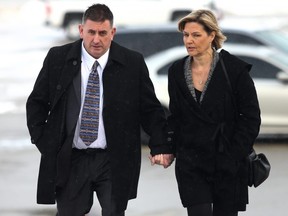 Former Canadian Gymnastics coach Dave Brubaker arrives at the courthouse with his wife Elizabeth Brubaker in Sarnia, Ont, on Wednesday, Feb. 13, 2019.