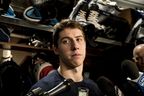 Maple Leafs' Mitch Marner speaks to reporters after a locker clean-out at the Scotiabank Arena in Toronto, on Thursday, April 25, 2019. 
