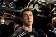 Maple Leafs' Mitch Marner speaks to reporters after a locker clean-out at the Scotiabank Arena in Toronto, on Thursday, April 25, 2019.