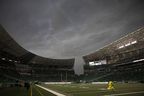 Mosaic Stadium stands empty following an evacuation due to a thunderstorm that disrupted CFL action in the first half in Regina Monday, July 1, 2019. 