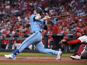 Danny Jansen of the Toronto Blue Jays hits a three run home run against the St. Louis Cardinals during the fourth inning at Busch Stadium on May 24, 2022 in St Louis.