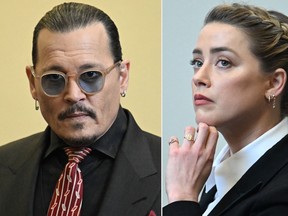 Johnny Depp and Amber Heard seen in a Fairfax, Va., courtroom on May 3, 2022.