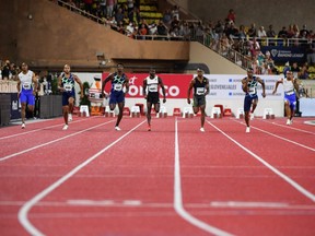 Runners compete in the men's 100 metres during the IAAF Diamond League competition in Monaco, July 9, 2021.
